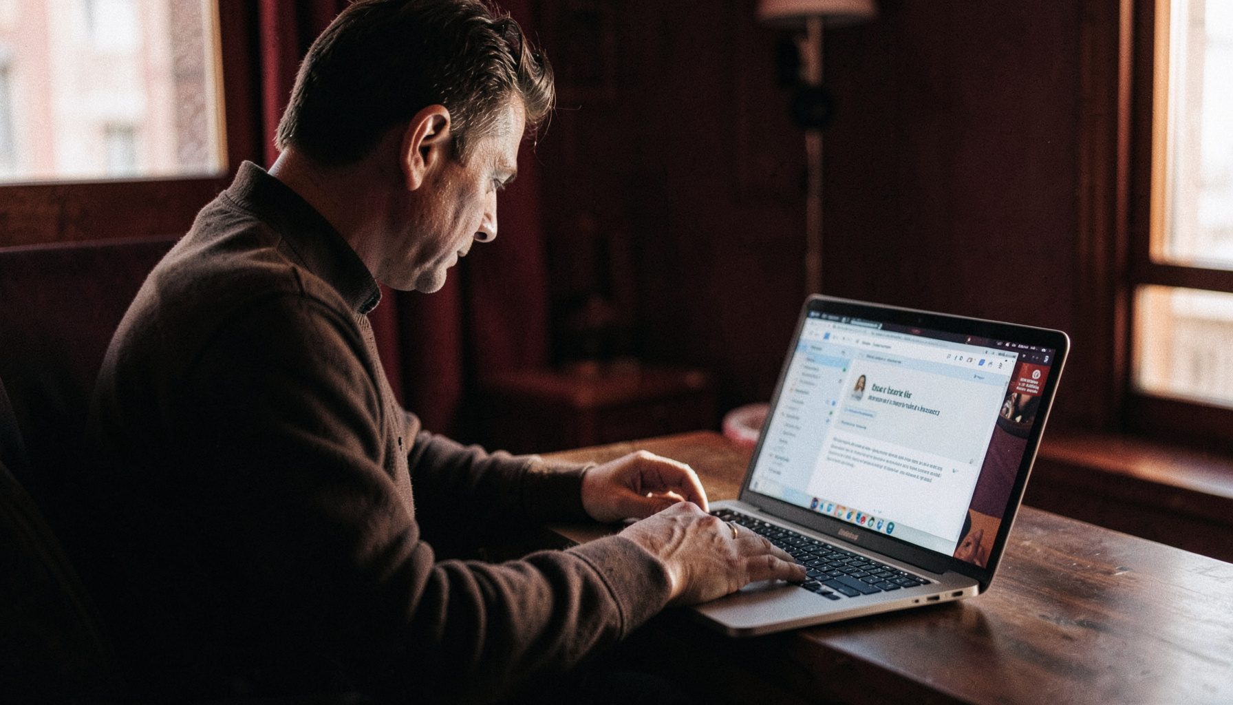A candid documentary-style photograph of a person calmly browsing a website on a laptop in a warmly lit room with deep red and charcoal tones, conveying focus and ease.