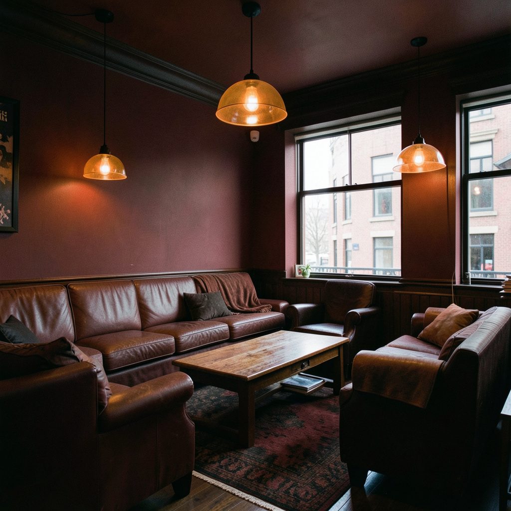 A dark atmospheric gaming lounge interior with deep burgundy accent walls, warm amber pendant lighting, and rich wood furnishings creating a sophisticated mood.